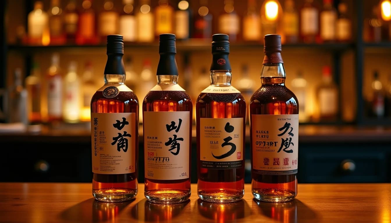 Editorial wide shot of four Japanese whisky bottles — Suntory Toki, Nikka From the Barrel, Kaiyo, and Hakushu — arranged on a dark walnut bar counter in Istanbul, warm amber backlight from a low bar lamp illuminating the glass bottles, shallow depth of field, polished wood surface with subtle reflections, blurred shelves of spirits in background, photographic style of Whisky Magazine, medium format look, no candles, no flowers, no neon, editorial product photography, Whisky Magazine and Cigar Aficionado style, professional, hyperrealistic, warm amber lighting from window or bar lamp, polished wood and brass, shallow depth of field, 50mm lens look. Avoid: candles, lit candle, flowers, vases, Christmas decorations, neon, futuristic, jewelry, hanging bulbs, digital screens, motion blur, cartoon, illustration.