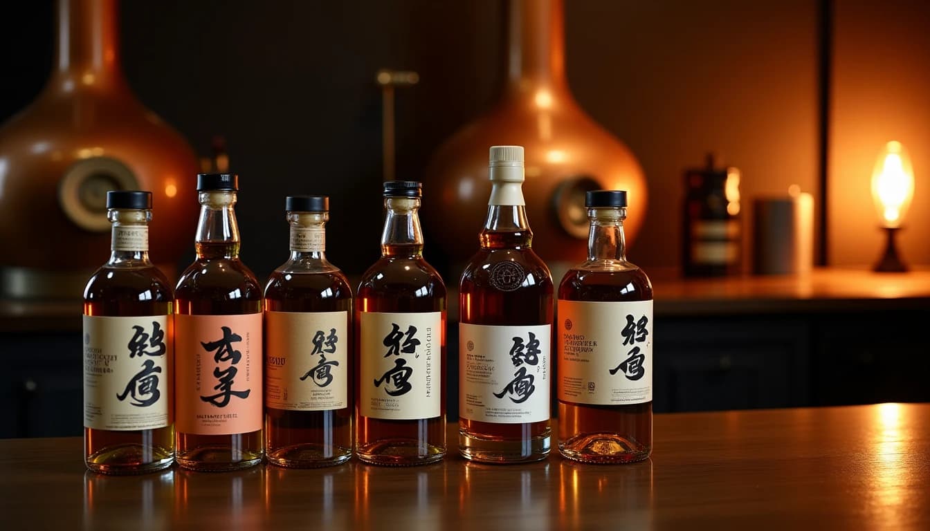 Editorial wide-angle shot of seven different Japanese craft whisky bottles arranged on a dark kiri wood surface, labels partially visible including Chichibu and Akkeshi, warm amber side lighting from a low bar lamp on the right, blurred distillery copper pot still silhouette in background, deep shadows and rich brown tones, photographic style of Whisky Magazine, 35mm look, no candles, no flowers, no neon, editorial product photography, Whisky Magazine and Cigar Aficionado style, professional, hyperrealistic, warm amber lighting from window or bar lamp, polished wood and brass, shallow depth of field, 50mm lens look. Avoid: candles, lit candle, flowers, vases, Christmas decorations, neon, futuristic, jewelry, hanging bulbs, digital screens, motion blur, cartoon, illustration.