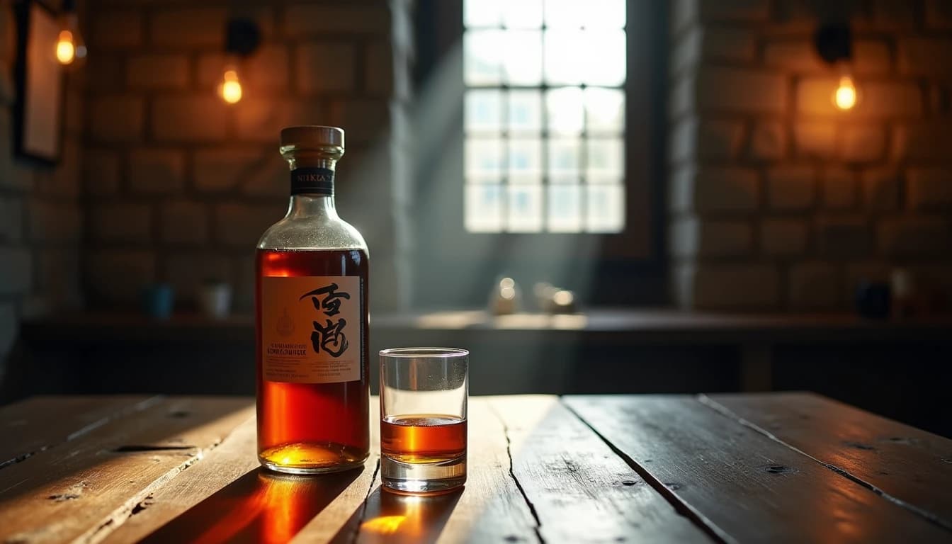 Editorial hero shot of a Nikka Whisky bottle on a dark, weathered oak table inside a traditional Japanese whisky distillery, Yoichi-style stone walls in background, single amber Glencairn glass beside the bottle filled one-third, soft diffused daylight from a high narrow window, cool coastal atmosphere with warm amber tones on the glass, no candles, no flowers, photographic style of Whisky Magazine, 35mm wide lens look, deep perspective, slight morning mist visible through the window, editorial product photography, Whisky Magazine and Cigar Aficionado style, professional, hyperrealistic, warm amber lighting from window or bar lamp, polished wood and brass, shallow depth of field, 50mm lens look. Avoid: candles, lit candle, flowers, vases, Christmas decorations, neon, futuristic, jewelry, hanging bulbs, digital screens, motion blur, cartoon, illustration.