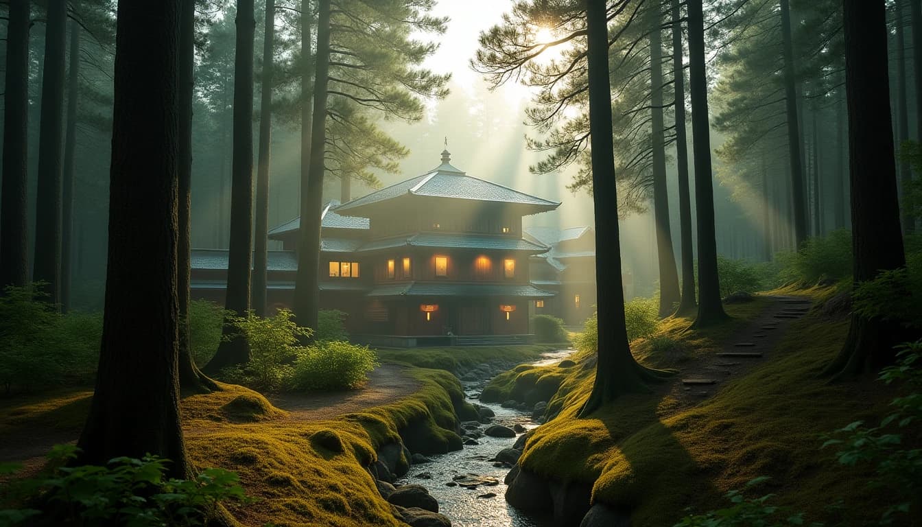 Editorial wide-angle photograph of Hakushu distillery exterior nestled deep in a Japanese cedar and beech forest, misty morning light filtering through tall trees, traditional Japanese wooden distillery architecture visible between trunks, soft green and amber tones, a small mountain stream in foreground, photographic style of Whisky Magazine, natural diffused daylight from above, no candles, no flowers, no neon, cinematic and still, editorial product photography, Whisky Magazine and Cigar Aficionado style, professional, hyperrealistic, warm amber lighting from window or bar lamp, polished wood and brass, shallow depth of field, 50mm lens look. Avoid: candles, lit candle, flowers, vases, Christmas decorations, neon, futuristic, jewelry, hanging bulbs, digital screens, motion blur, cartoon, illustration.