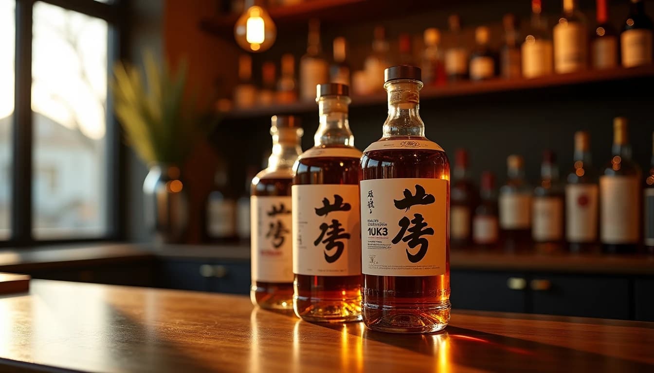 Editorial hero shot of three Japanese whisky bottles — Suntory Toki, Nikka From the Barrel, and Kaiyo — arranged on a dark walnut bar counter in Istanbul, warm amber window light from the left casting long soft shadows, polished wood surface with subtle reflections, blurred shelves of bottles in background, Whisky Magazine editorial style, 35mm lens look, shallow depth of field, no candles, no flowers, no neon, editorial product photography, Whisky Magazine and Cigar Aficionado style, professional, hyperrealistic, warm amber lighting from window or bar lamp, polished wood and brass, shallow depth of field, 50mm lens look. Avoid: candles, lit candle, flowers, vases, Christmas decorations, neon, futuristic, jewelry, hanging bulbs, digital screens, motion blur, cartoon, illustration.
