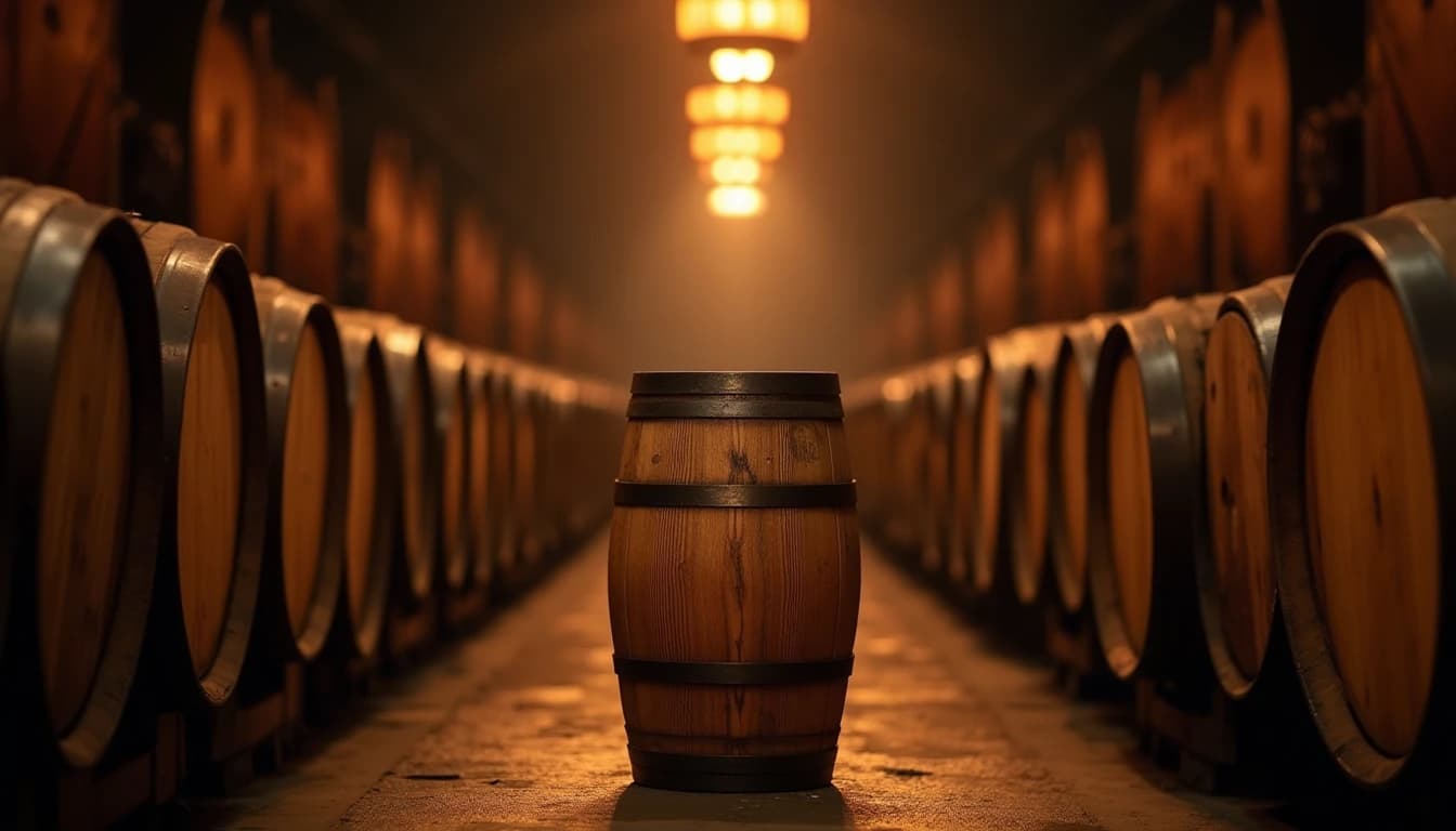 Editorial hero shot of a Mizunara oak whisky barrel, aged dark-golden wood grain texture visible, standing upright in a dimly lit Japanese distillery warehouse, rows of barrels receding into background, warm amber light from narrow high windows illuminating dust particles in the air, photographic style of Whisky Magazine, wide angle 24mm look, deep shadows, rich brown and ochre color palette, no candles, no flowers, editorial product photography, Whisky Magazine and Cigar Aficionado style, professional, hyperrealistic, warm amber lighting from window or bar lamp, polished wood and brass, shallow depth of field, 50mm lens look. Avoid: candles, lit candle, flowers, vases, Christmas decorations, neon, futuristic, jewelry, hanging bulbs, digital screens, motion blur, cartoon, illustration.