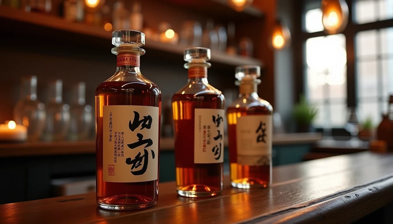 Editorial wide-angle shot of three Japanese whisky bottles — including recognizable tall Nikka and Suntory-style silhouettes — arranged on a dark-stained oak bar counter, soft warm amber window light coming from the right side, shallow depth of field with blurred wooden shelving and glassware in background, small Japanese calligraphy label detail visible, photographic style of Whisky Magazine, no candles, no flowers, no neon, rich earth tones and deep shadows, editorial product photography, Whisky Magazine and Cigar Aficionado style, professional, hyperrealistic, warm amber lighting from window or bar lamp, polished wood and brass, shallow depth of field, 50mm lens look. Avoid: candles, lit candle, flowers, vases, Christmas decorations, neon, futuristic, jewelry, hanging bulbs, digital screens, motion blur, cartoon, illustration.