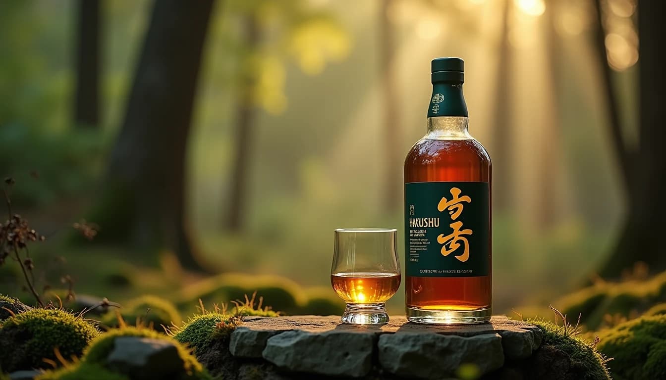 Editorial product photography of a Hakushu single malt Scotch whisky bottle — dark green label, placed on a mossy stone surface in a Japanese forest setting, soft diffused morning light filtering through pine trees, shallow depth of field, warm amber tones mixed with cool forest greens, Glencairn glass beside the bottle with pale golden liquid, mid-range 50mm lens look, Whisky Magazine editorial style, no candles, no flowers, no neon, editorial product photography, Whisky Magazine and Cigar Aficionado style, professional, hyperrealistic, warm amber lighting from window or bar lamp, polished wood and brass, shallow depth of field, 50mm lens look. Avoid: candles, lit candle, flowers, vases, Christmas decorations, neon, futuristic, jewelry, hanging bulbs, digital screens, motion blur, cartoon, illustration.