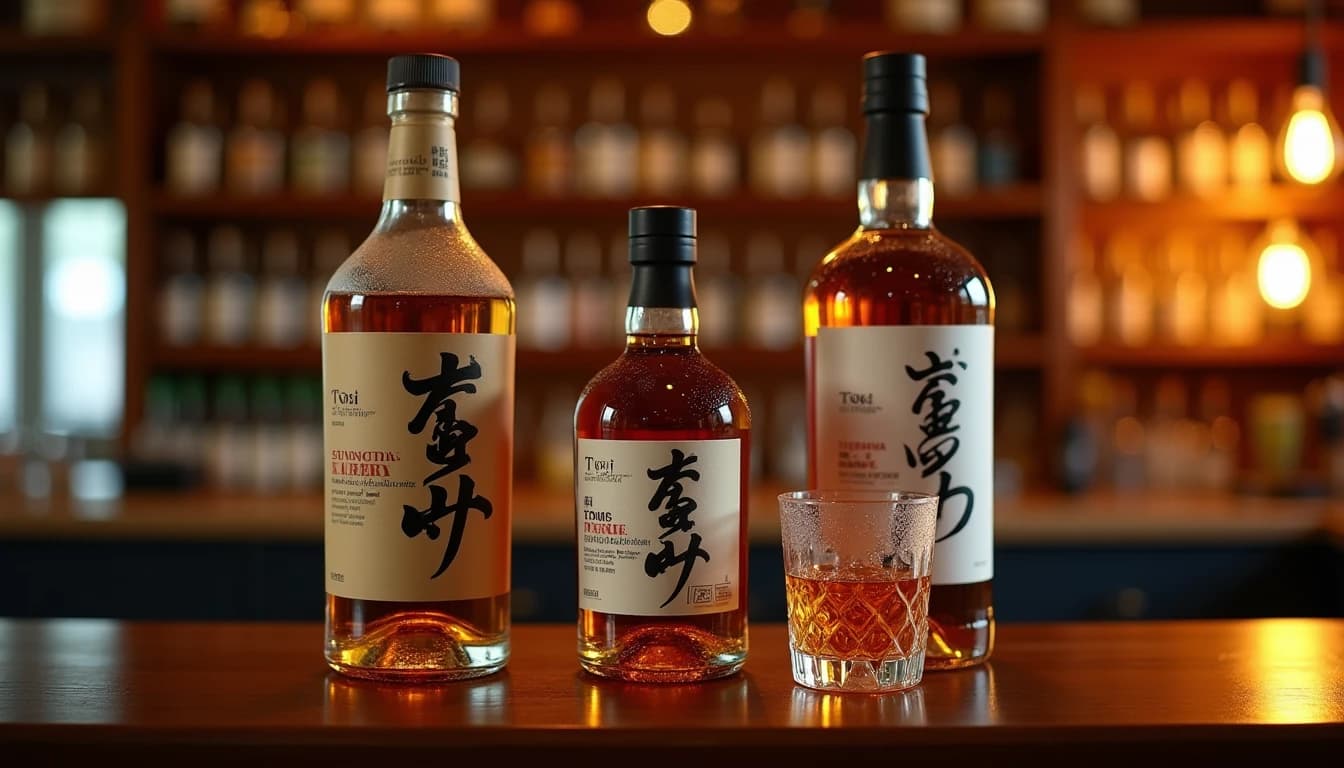 Editorial hero shot of three Japanese whisky bottles — Suntory Toki, Nikka From the Barrel 500ml, and Kaiyo — arranged on a dark walnut bar counter, soft warm amber side-lighting from a bar lamp on the right, shallow depth of field with blurred bottle shelves behind, condensation on one glass, copper-toned Glencairn glass in foreground, Whisky Magazine editorial style, 35mm look, no candles, no flowers, no neon, editorial product photography, Whisky Magazine and Cigar Aficionado style, professional, hyperrealistic, warm amber lighting from window or bar lamp, polished wood and brass, shallow depth of field, 50mm lens look. Avoid: candles, lit candle, flowers, vases, Christmas decorations, neon, futuristic, jewelry, hanging bulbs, digital screens, motion blur, cartoon, illustration.