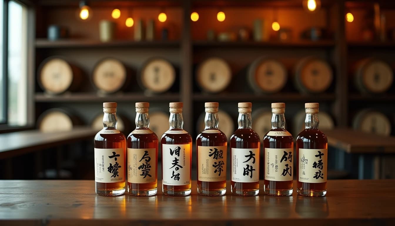 Editorial wide-angle shot of seven small Japanese craft whisky bottles arranged on a dark Japanese oak wooden table, varying label designs and bottle shapes, soft warm amber side lighting from a low bar lamp, aged wooden shelving with barrels in the background, muted earth tones and copper highlights, no candles, no flowers, Whisky Magazine photographic style, shallow depth of field, 35mm lens impression, editorial product photography, Whisky Magazine and Cigar Aficionado style, professional, hyperrealistic, warm amber lighting from window or bar lamp, polished wood and brass, shallow depth of field, 50mm lens look. Avoid: candles, lit candle, flowers, vases, Christmas decorations, neon, futuristic, jewelry, hanging bulbs, digital screens, motion blur, cartoon, illustration.