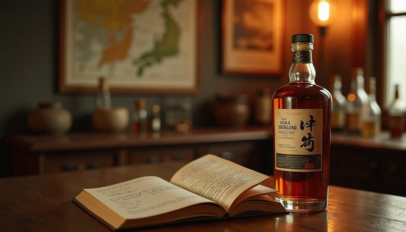 Editorial hero shot of a Nikka whisky bottle on a weathered wooden desk beside an open aged notebook with handwritten distillation notes, warm amber side lighting from a frosted window, dark walnut surface, shallow depth of field, background showing a blurred map of Scotland and Japan side by side pinned to a wall, photographic style of Whisky Magazine, 16:9 wide composition, no candles, no flowers, muted earth tones with deep amber highlights, editorial product photography, Whisky Magazine and Cigar Aficionado style, professional, hyperrealistic, warm amber lighting from window or bar lamp, polished wood and brass, shallow depth of field, 50mm lens look. Avoid: candles, lit candle, flowers, vases, Christmas decorations, neon, futuristic, jewelry, hanging bulbs, digital screens, motion blur, cartoon, illustration.