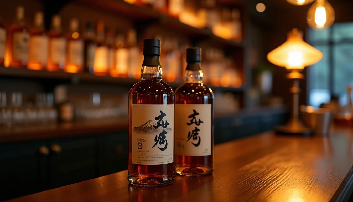 Editorial hero shot of two Japanese whisky bottles side by side on a dark oak bar counter, one bottle with kanji characters and a minimalist mountain label, one with English 'bottled in Japan' text clearly visible on back label, warm amber side lighting from a low bar lamp on the right, polished dark wood surface with subtle grain, shallow depth of field, blurred whisky shelves in background, Whisky Magazine editorial style, 35mm lens impression, rich copper and charcoal color palette, no candles, no flowers, editorial product photography, Whisky Magazine and Cigar Aficionado style, professional, hyperrealistic, warm amber lighting from window or bar lamp, polished wood and brass, shallow depth of field, 50mm lens look. Avoid: candles, lit candle, flowers, vases, Christmas decorations, neon, futuristic, jewelry, hanging bulbs, digital screens, motion blur, cartoon, illustration.