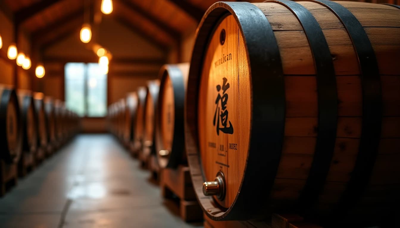 Editorial hero shot of a Mizunara oak barrel in a dimly lit Japanese whisky warehouse, warm amber side-lighting from a high window casting long shadows across the barrel stave grain, deep reddish-brown wood texture close detail on the barrel head with kanji characters burned in, blurred row of barrels receding into background, photographic style of Whisky Magazine, 35mm wide lens impression, shallow depth of field on barrel face, earthy tones of charcoal grey floor and ochre wood, no candles, no flowers, no neon, editorial product photography, Whisky Magazine and Cigar Aficionado style, professional, hyperrealistic, warm amber lighting from window or bar lamp, polished wood and brass, shallow depth of field, 50mm lens look. Avoid: candles, lit candle, flowers, vases, Christmas decorations, neon, futuristic, jewelry, hanging bulbs, digital screens, motion blur, cartoon, illustration.