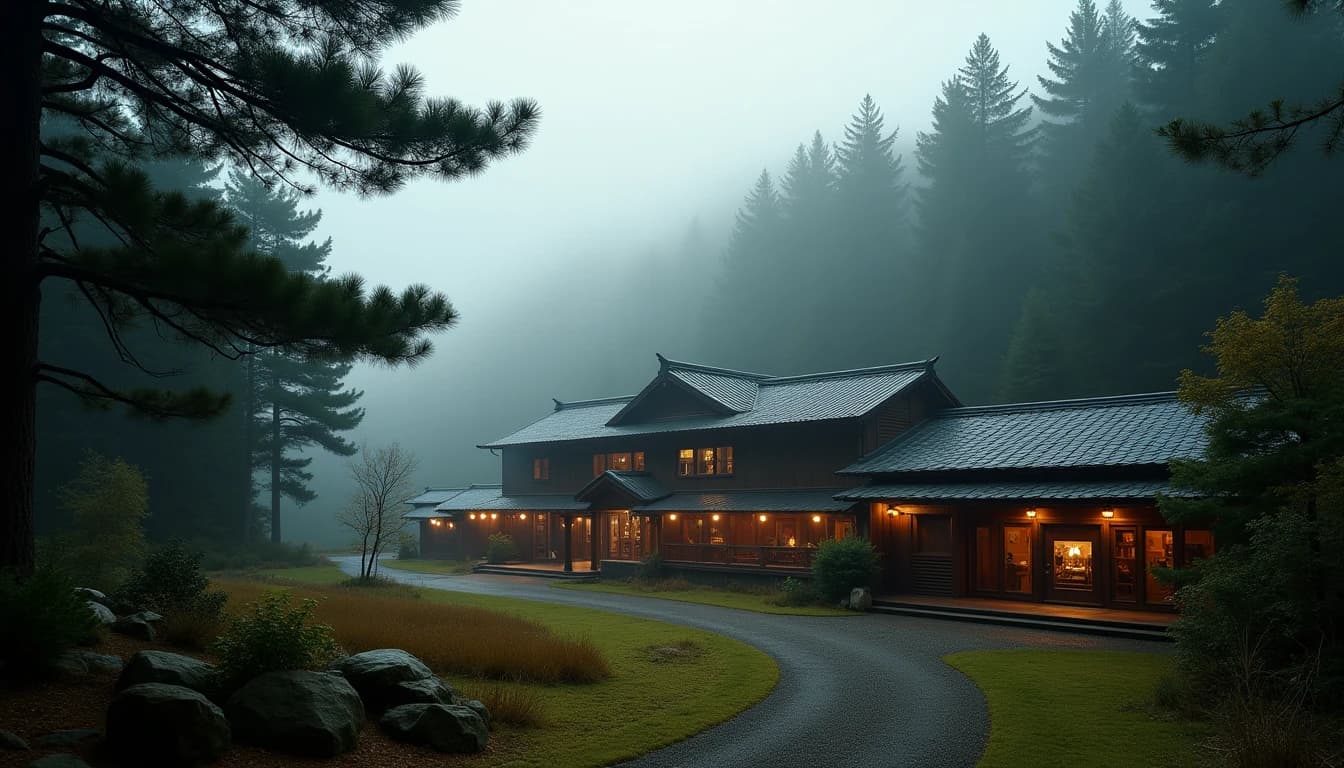 Editorial wide-angle photograph of Hakushu distillery building surrounded by dense Japanese alpine forest in Yamanashi, late autumn morning mist rising between cedar and pine trees, traditional wooden distillery facade partially visible through foliage, soft diffused natural daylight, muted greens and grays, photographic style of Whisky Magazine, cinematic depth, no candles, no flowers, no neon, editorial product photography, Whisky Magazine and Cigar Aficionado style, professional, hyperrealistic, warm amber lighting from window or bar lamp, polished wood and brass, shallow depth of field, 50mm lens look. Avoid: candles, lit candle, flowers, vases, Christmas decorations, neon, futuristic, jewelry, hanging bulbs, digital screens, motion blur, cartoon, illustration.