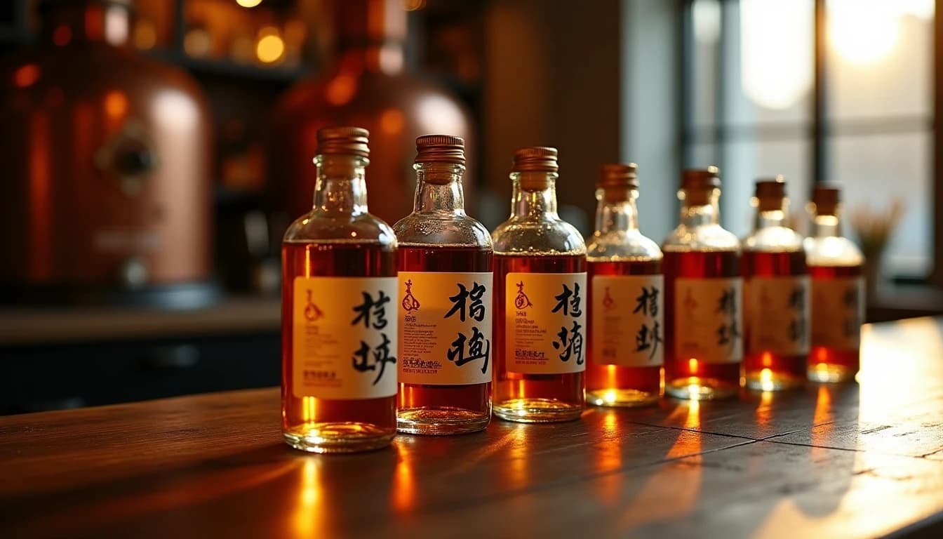 Editorial wide shot of seven small Japanese whisky bottles arranged on a dark aged oak bar counter, varied label designs with Japanese kanji, soft warm amber window light from the right casting long shadows, blurred distillery copper pot stills visible in the background, rich brown and gold color palette, Whisky Magazine cover style, 35mm cinematic look, shallow depth of field on front bottles, no candles, no flowers, no neon, editorial product photography, Whisky Magazine and Cigar Aficionado style, professional, hyperrealistic, warm amber lighting from window or bar lamp, polished wood and brass, shallow depth of field, 50mm lens look. Avoid: candles, lit candle, flowers, vases, Christmas decorations, neon, futuristic, jewelry, hanging bulbs, digital screens, motion blur, cartoon, illustration.