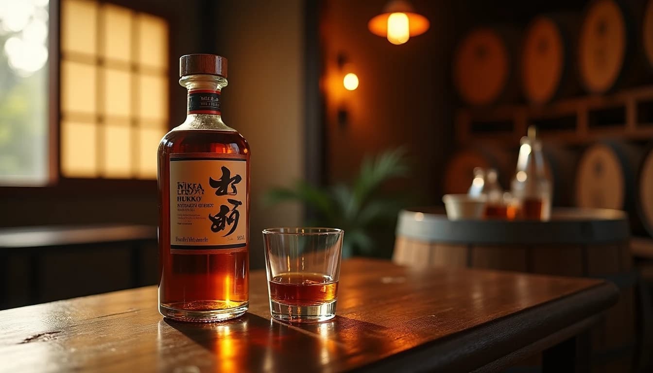 Editorial hero shot of a Nikka whisky bottle on a dark Japanese oak table, warm amber liquid in a Glencairn glass beside it, soft natural side light from a paper shoji screen window, blurred barrels and distillery wood panneling in background, deep shadows with golden highlights, photographic style of Whisky Magazine, 35mm look, shallow depth of field, no candles, no flowers, no neon, editorial product photography, Whisky Magazine and Cigar Aficionado style, professional, hyperrealistic, warm amber lighting from window or bar lamp, polished wood and brass, shallow depth of field, 50mm lens look. Avoid: candles, lit candle, flowers, vases, Christmas decorations, neon, futuristic, jewelry, hanging bulbs, digital screens, motion blur, cartoon, illustration.