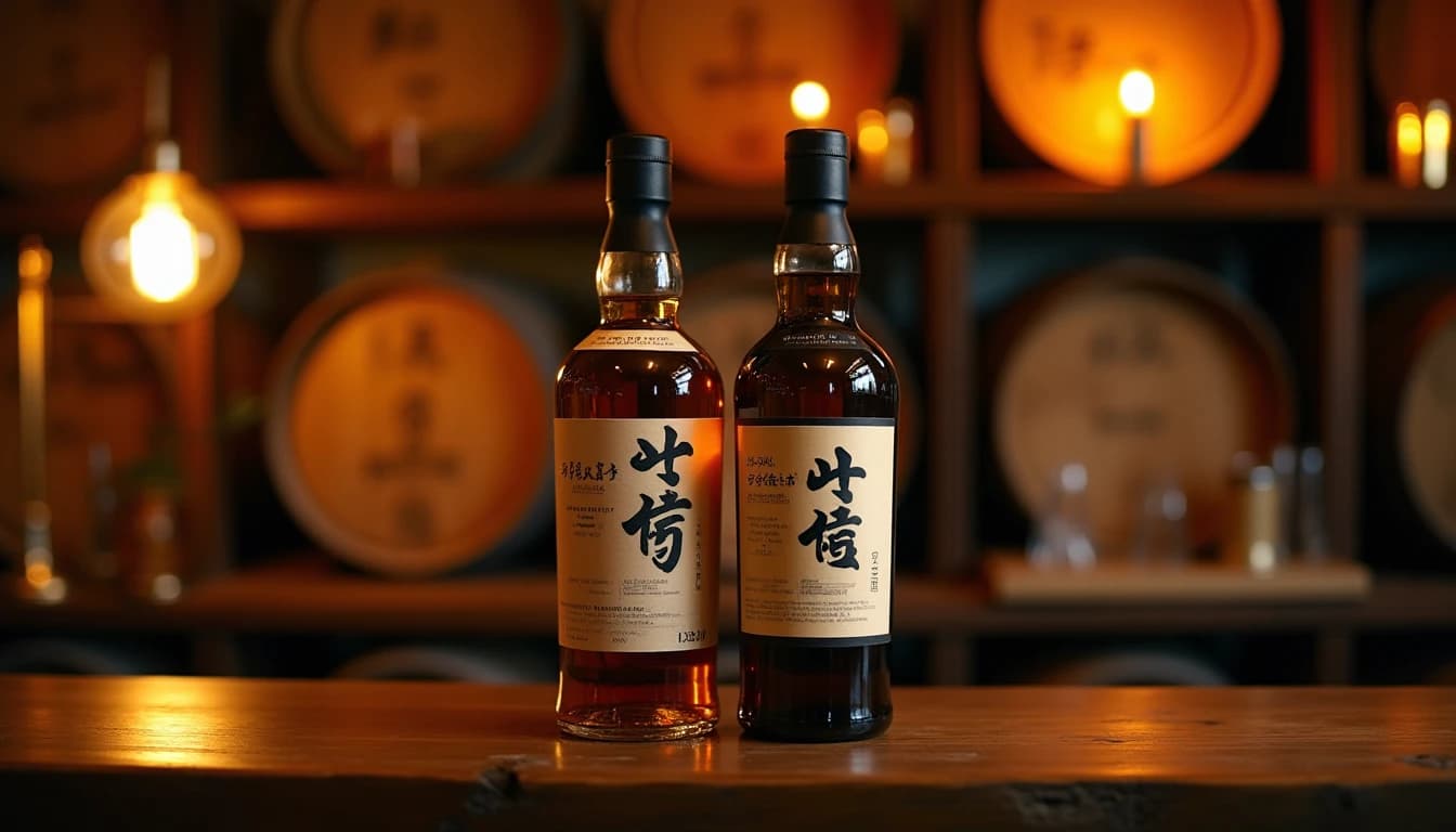 Editorial hero shot of two Japanese whisky bottles side by side on a dark aged-wood counter, one clearly labeled with a Japanese distillery name and one with ambiguous blending text, warm amber side-lighting from a bar lamp at left, shallow depth of field with blurred wooden shelves holding whisky barrels in background, muted earth tones and deep shadows, Whisky Magazine editorial style, 35mm lens look, no candles, no flowers, no neon, editorial product photography, Whisky Magazine and Cigar Aficionado style, professional, hyperrealistic, warm amber lighting from window or bar lamp, polished wood and brass, shallow depth of field, 50mm lens look. Avoid: candles, lit candle, flowers, vases, Christmas decorations, neon, futuristic, jewelry, hanging bulbs, digital screens, motion blur, cartoon, illustration.