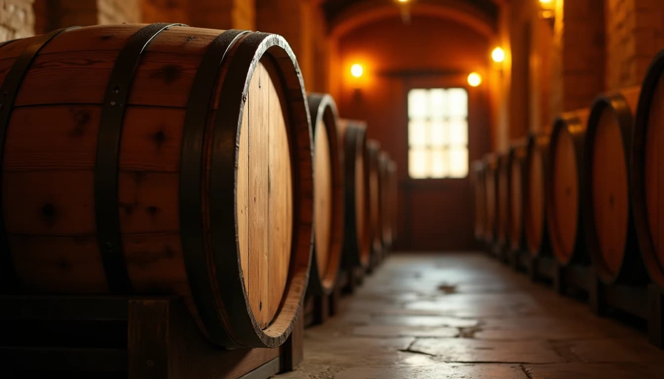 Editorial hero shot of a single Mizunara oak barrel in a dimly lit Japanese distillery warehouse, warm amber side light filtering through a small wooden window, barrel surface showing deep grain texture and stave details, stone floor with light mist, another row of barrels softly blurred in the background, photographic style of Whisky Magazine, 24mm wide angle, low key, no candles, no flowers, rich brown and gold tones, editorial product photography, Whisky Magazine and Cigar Aficionado style, professional, hyperrealistic, warm amber lighting from window or bar lamp, polished wood and brass, shallow depth of field, 50mm lens look. Avoid: candles, lit candle, flowers, vases, Christmas decorations, neon, futuristic, jewelry, hanging bulbs, digital screens, motion blur, cartoon, illustration.