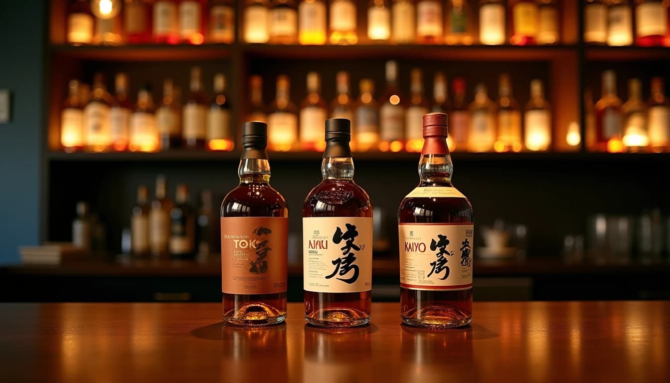 Editorial hero shot of three Japanese whisky bottles — Suntory Toki, Nikka From the Barrel, and Kaiyo — arranged on a dark walnut bar counter in Istanbul, warm amber side-light from a low bar lamp casting long shadows, polished surface with subtle reflections, blurred shelves of bottles in background, no candles, no flowers, photographic style of Whisky Magazine, 35mm wide look, rich deep tones, shallow depth of field, editorial product photography, Whisky Magazine and Cigar Aficionado style, professional, hyperrealistic, warm amber lighting from window or bar lamp, polished wood and brass, shallow depth of field, 50mm lens look. Avoid: candles, lit candle, flowers, vases, Christmas decorations, neon, futuristic, jewelry, hanging bulbs, digital screens, motion blur, cartoon, illustration.