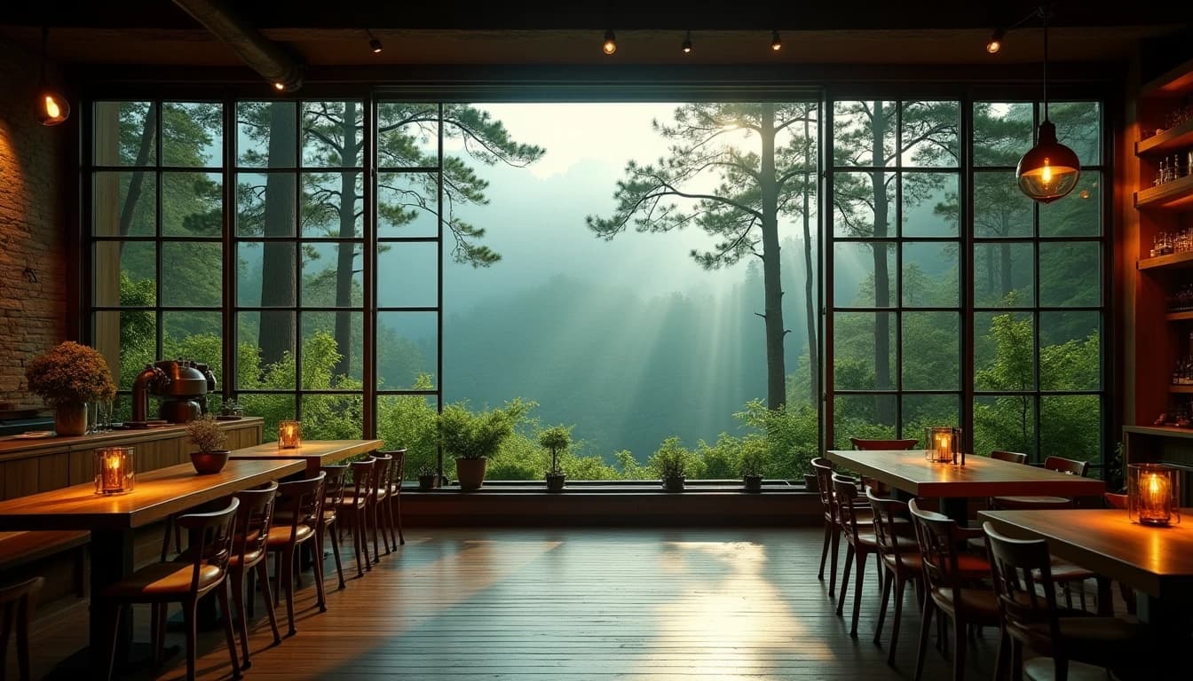 Editorial wide-angle shot of Hakushu distillery nestled among dense Japanese cedar and pine forest, morning mist hovering over the green canopy, distillery copper pot stills visible through large industrial windows, warm amber interior light contrasting with cool blue-green forest outside, photographic style of Whisky Magazine, 24mm lens feel, natural light, no candles, no flowers, no neon, editorial product photography, Whisky Magazine and Cigar Aficionado style, professional, hyperrealistic, warm amber lighting from window or bar lamp, polished wood and brass, shallow depth of field, 50mm lens look. Avoid: candles, lit candle, flowers, vases, Christmas decorations, neon, futuristic, jewelry, hanging bulbs, digital screens, motion blur, cartoon, illustration.