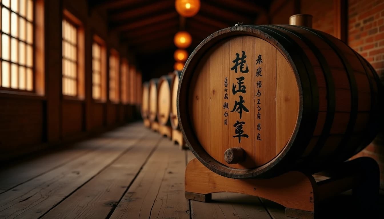 Editorial hero shot of a single Mizunara oak barrel in a dimly lit Japanese whisky warehouse, warm amber side-light from a small wooden window on the left, Suntory Yamazaki distillery aesthetic, dark timber floor, row of barrels receding into shadow in the background, barrel branded with Japanese characters and cooperage marks, rich brown and caramel color palette, wide-angle lens impression, deep focus, photographic style of Whisky Magazine, no candles, no flowers, no neon, editorial product photography, Whisky Magazine and Cigar Aficionado style, professional, hyperrealistic, warm amber lighting from window or bar lamp, polished wood and brass, shallow depth of field, 50mm lens look. Avoid: candles, lit candle, flowers, vases, Christmas decorations, neon, futuristic, jewelry, hanging bulbs, digital screens, motion blur, cartoon, illustration.