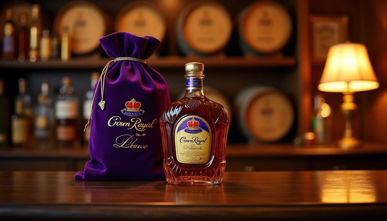 Editorial hero shot of a Crown Royal Deluxe bottle in its iconic purple velvet bag, placed on a dark aged oak whisky bar counter, warm amber side lighting from a low bar lamp on the right, polished wooden surface reflecting the bottle, blurred whisky barrels and oak shelving in background, shallow depth of field, 35mm photographic style of Whisky Magazine, rich gold and deep purple color palette, no candles, no flowers, no neon, editorial product photography, Whisky Magazine and Cigar Aficionado style, professional, hyperrealistic, warm amber lighting from window or bar lamp, polished wood and brass, shallow depth of field, 50mm lens look. Avoid: candles, lit candle, flowers, vases, Christmas decorations, neon, futuristic, jewelry, hanging bulbs, digital screens, motion blur, cartoon, illustration.