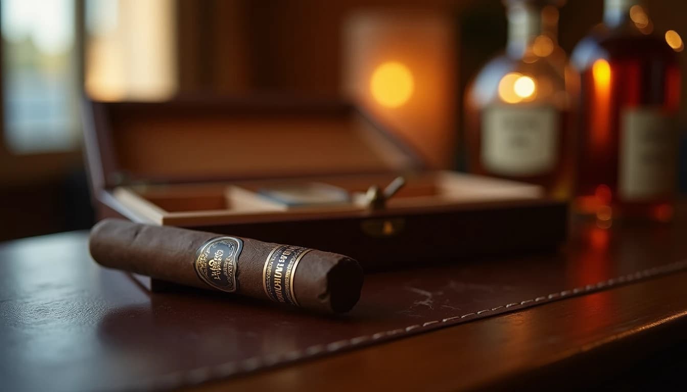 Editorial hero shot of a Davidoff Puro Dominicano 2026 Robusto cigar resting on a dark mahogany humidor lid, band clearly visible, warm amber side lighting from a window at left, rich tobacco-brown leather surface beneath, blurred cedar cigar box and hygrometer in background, Cigar Aficionado magazine style, 85mm lens impression, shallow depth of field, deep shadow on right side, no candles, no flowers, no neon, editorial product photography, Whisky Magazine and Cigar Aficionado style, professional, hyperrealistic, warm amber lighting from window or bar lamp, polished wood and brass, shallow depth of field, 50mm lens look. Avoid: candles, lit candle, flowers, vases, Christmas decorations, neon, futuristic, jewelry, hanging bulbs, digital screens, motion blur, cartoon, illustration.
