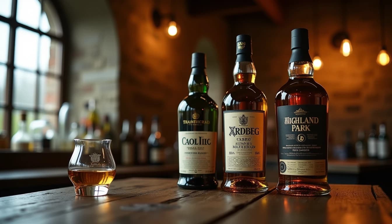 Editorial hero shot of three different Islay Scotch whisky bottles — Caol Ila, Ardbeg and Highland Park — arranged on a dark weathered oak bar counter, amber liquid in a Glencairn glass catching warm side window light from the left, soft blurred distillery stone wall in background, shallow depth of field, muted earthy tones, rich peat texture visible in foreground, Whisky Magazine photographic style, 35mm look, no candles, no flowers, no neon, editorial product photography, Whisky Magazine and Cigar Aficionado style, professional, hyperrealistic, warm amber lighting from window or bar lamp, polished wood and brass, shallow depth of field, 50mm lens look. Avoid: candles, lit candle, flowers, vases, Christmas decorations, neon, futuristic, jewelry, hanging bulbs, digital screens, motion blur, cartoon, illustration.