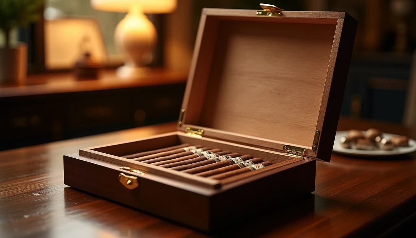 Editorial product shot of a polished dark walnut humidor box open on a solid oak desk, revealing rows of premium cigars resting on Spanish cedar trays, warm amber side lighting from a nearby table lamp casting gentle shadows, Boveda humidity packs visible in corner, brass hygrometer on lid interior, rich brown and gold color palette, 50mm lens impression, shallow depth of field, Cigar Aficionado magazine style, no candles, no flowers, editorial product photography, Whisky Magazine and Cigar Aficionado style, professional, hyperrealistic, warm amber lighting from window or bar lamp, polished wood and brass, shallow depth of field, 50mm lens look. Avoid: candles, lit candle, flowers, vases, Christmas decorations, neon, futuristic, jewelry, hanging bulbs, digital screens, motion blur, cartoon, illustration.