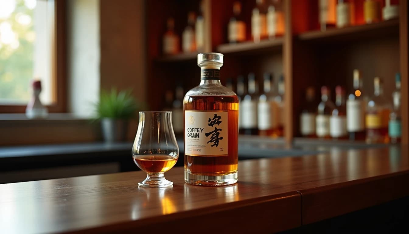 Editorial product photograph of a Nikka Coffey Grain whisky bottle on a dark brushed oak bar counter, warm amber Glencairn glass half-filled beside it, soft diffused window light from the left casting gentle shadows, blurred whisky bottles on wooden shelves in background, shallow depth of field, light champagne-gold whisky color visible in glass, Whisky Magazine editorial style, 50mm look, no candles, no flowers, no neon, editorial product photography, Whisky Magazine and Cigar Aficionado style, professional, hyperrealistic, warm amber lighting from window or bar lamp, polished wood and brass, shallow depth of field, 50mm lens look. Avoid: candles, lit candle, flowers, vases, Christmas decorations, neon, futuristic, jewelry, hanging bulbs, digital screens, motion blur, cartoon, illustration.
