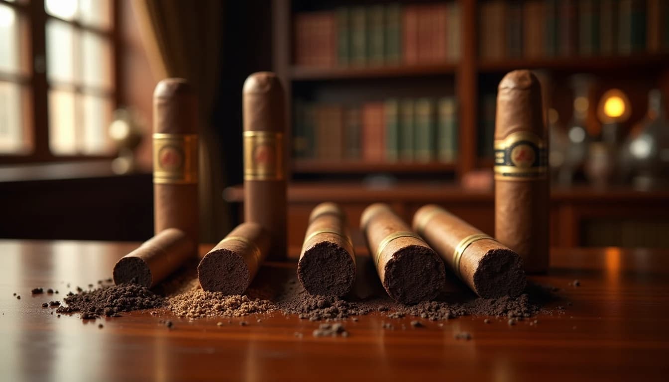 Editorial hero shot of five premium cigars lined up on a dark walnut surface, each with a small soil sample or leaf beside it representing different regions, warm amber side lighting from a library window on the left, rich mahogany tones, shallow depth of field, 35mm perspective, no candles, no flowers, photographic style of Cigar Aficionado magazine, editorial product photography, Whisky Magazine and Cigar Aficionado style, professional, hyperrealistic, warm amber lighting from window or bar lamp, polished wood and brass, shallow depth of field, 50mm lens look. Avoid: candles, lit candle, flowers, vases, Christmas decorations, neon, futuristic, jewelry, hanging bulbs, digital screens, motion blur, cartoon, illustration.