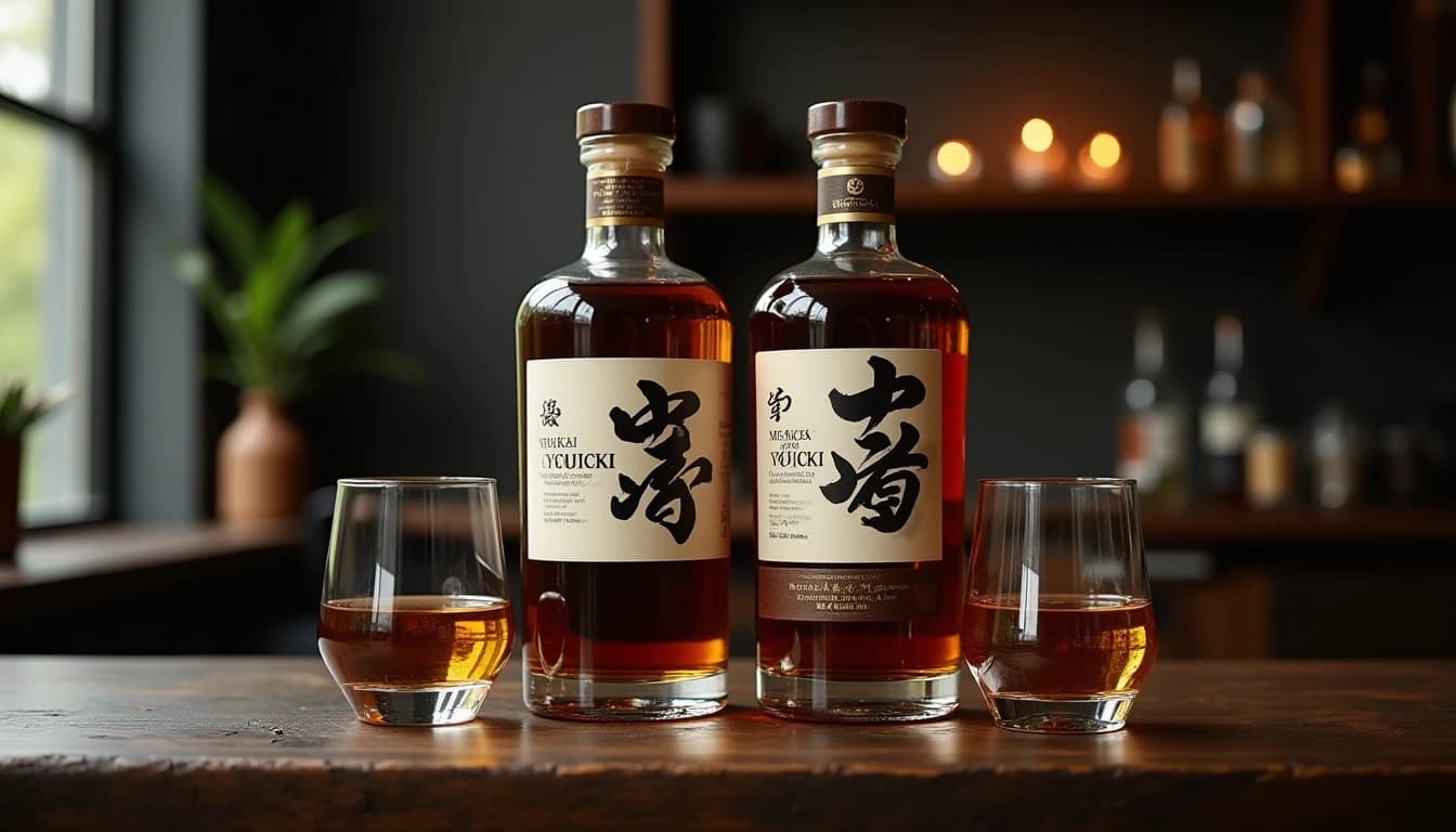Editorial hero shot of two whisky bottles side by side on a dark aged oak table, Nikka Yoichi and Nikka Miyagikyo single malt bottles clearly visible, one Glencairn glass filled with deep amber liquid and one with pale gold, soft warm side lighting from a window on the left, dark slate background with subtle grain texture, no candles, no flowers, photographic style of Whisky Magazine, 35mm lens impression, deep field, rich amber and charcoal color palette, editorial product photography, Whisky Magazine and Cigar Aficionado style, professional, hyperrealistic, warm amber lighting from window or bar lamp, polished wood and brass, shallow depth of field, 50mm lens look. Avoid: candles, lit candle, flowers, vases, Christmas decorations, neon, futuristic, jewelry, hanging bulbs, digital screens, motion blur, cartoon, illustration.