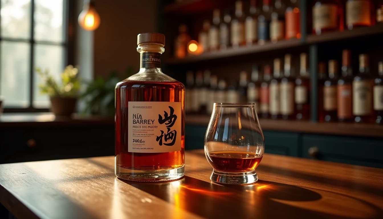 Editorial product photography of a Nikka From The Barrel whisky bottle, its distinctive compact rectangular shape prominent on a dark walnut surface, a half-filled Glencairn glass beside it with warm amber liquid, soft directional window light from the left casting long shadows, polished wood grain visible, muted background with blurred whisky bottles on shelves, Whisky Magazine editorial style, 50mm lens impression, shallow depth of field, no candles, no flowers, no neon, editorial product photography, Whisky Magazine and Cigar Aficionado style, professional, hyperrealistic, warm amber lighting from window or bar lamp, polished wood and brass, shallow depth of field, 50mm lens look. Avoid: candles, lit candle, flowers, vases, Christmas decorations, neon, futuristic, jewelry, hanging bulbs, digital screens, motion blur, cartoon, illustration.