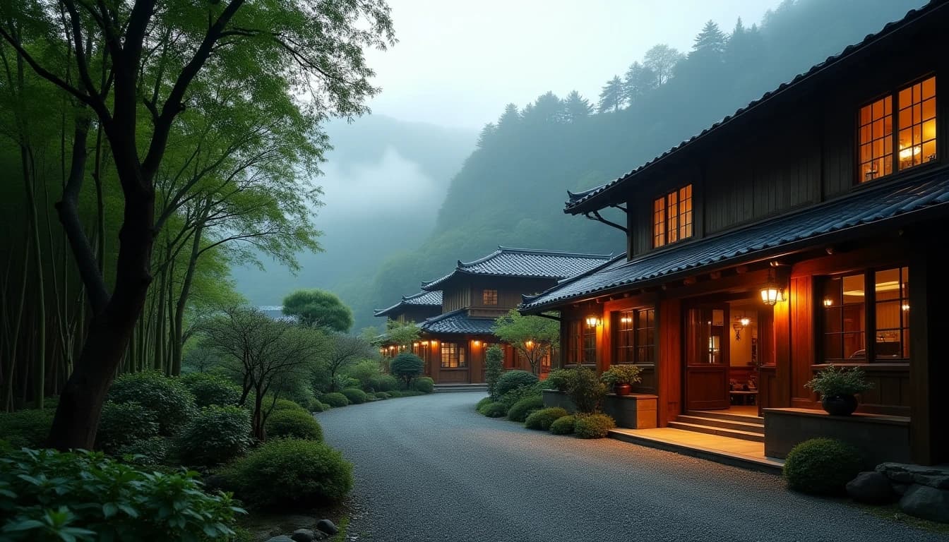 Editorial hero shot of Yamazaki Distillery exterior nestled in a misty Japanese valley, traditional Japanese architecture with dark wooden beams, soft morning fog rising from the surrounding bamboo forest, warm amber early light filtering through trees, wide angle view showing distillery buildings and lush green hillside, photographic style of Whisky Magazine, cinematic depth, no candles, no flowers, no neon, editorial product photography, Whisky Magazine and Cigar Aficionado style, professional, hyperrealistic, warm amber lighting from window or bar lamp, polished wood and brass, shallow depth of field, 50mm lens look. Avoid: candles, lit candle, flowers, vases, Christmas decorations, neon, futuristic, jewelry, hanging bulbs, digital screens, motion blur, cartoon, illustration.
