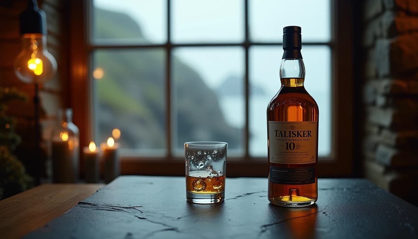 Editorial hero shot of a Talisker 10 Year Old whisky bottle on a dark slate surface near a rain-streaked window, soft overcast daylight from the left, Glencairn glass half-filled with amber liquid beside the bottle, blurred rocky coastal landscape visible through the window in background, photographic style of Whisky Magazine, 35mm lens impression, shallow depth of field, muted cool-warm contrast palette, no candles, no flowers, editorial product photography, Whisky Magazine and Cigar Aficionado style, professional, hyperrealistic, warm amber lighting from window or bar lamp, polished wood and brass, shallow depth of field, 50mm lens look. Avoid: candles, lit candle, flowers, vases, Christmas decorations, neon, futuristic, jewelry, hanging bulbs, digital screens, motion blur, cartoon, illustration.