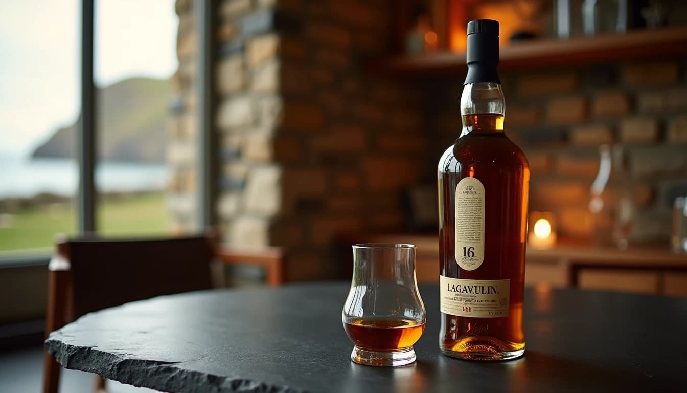 Editorial 16:9 hero shot of a Lagavulin 16 Year Old bottle standing on a dark slate surface, amber Glencairn glass half-filled beside it, soft diffused natural light coming from a large window on the left casting warm golden tones, blurred coastal stone wall in background suggesting Islay atmosphere, shallow depth of field, polished professional product photography in the style of Whisky Magazine, 50mm equivalent lens, no candles, no flowers, no neon, editorial product photography, Whisky Magazine and Cigar Aficionado style, professional, hyperrealistic, warm amber lighting from window or bar lamp, polished wood and brass, shallow depth of field, 50mm lens look. Avoid: candles, lit candle, flowers, vases, Christmas decorations, neon, futuristic, jewelry, hanging bulbs, digital screens, motion blur, cartoon, illustration.