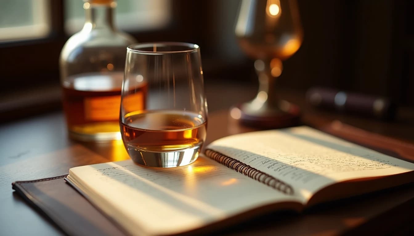 Editorial hero shot of a Glencairn whisky glass half-filled with amber single malt, placed on a dark walnut writing desk beside an open leather-bound tasting notebook with handwritten notes, soft warm natural window light from the left casting long shadows, whisky bottle blurred in background, warm amber and dark brown palette, Whisky Magazine style photography, 50mm lens look, shallow depth of field, no candles, no flowers, editorial product photography, Whisky Magazine and Cigar Aficionado style, professional, hyperrealistic, warm amber lighting from window or bar lamp, polished wood and brass, shallow depth of field, 50mm lens look. Avoid: candles, lit candle, flowers, vases, Christmas decorations, neon, futuristic, jewelry, hanging bulbs, digital screens, motion blur, cartoon, illustration.