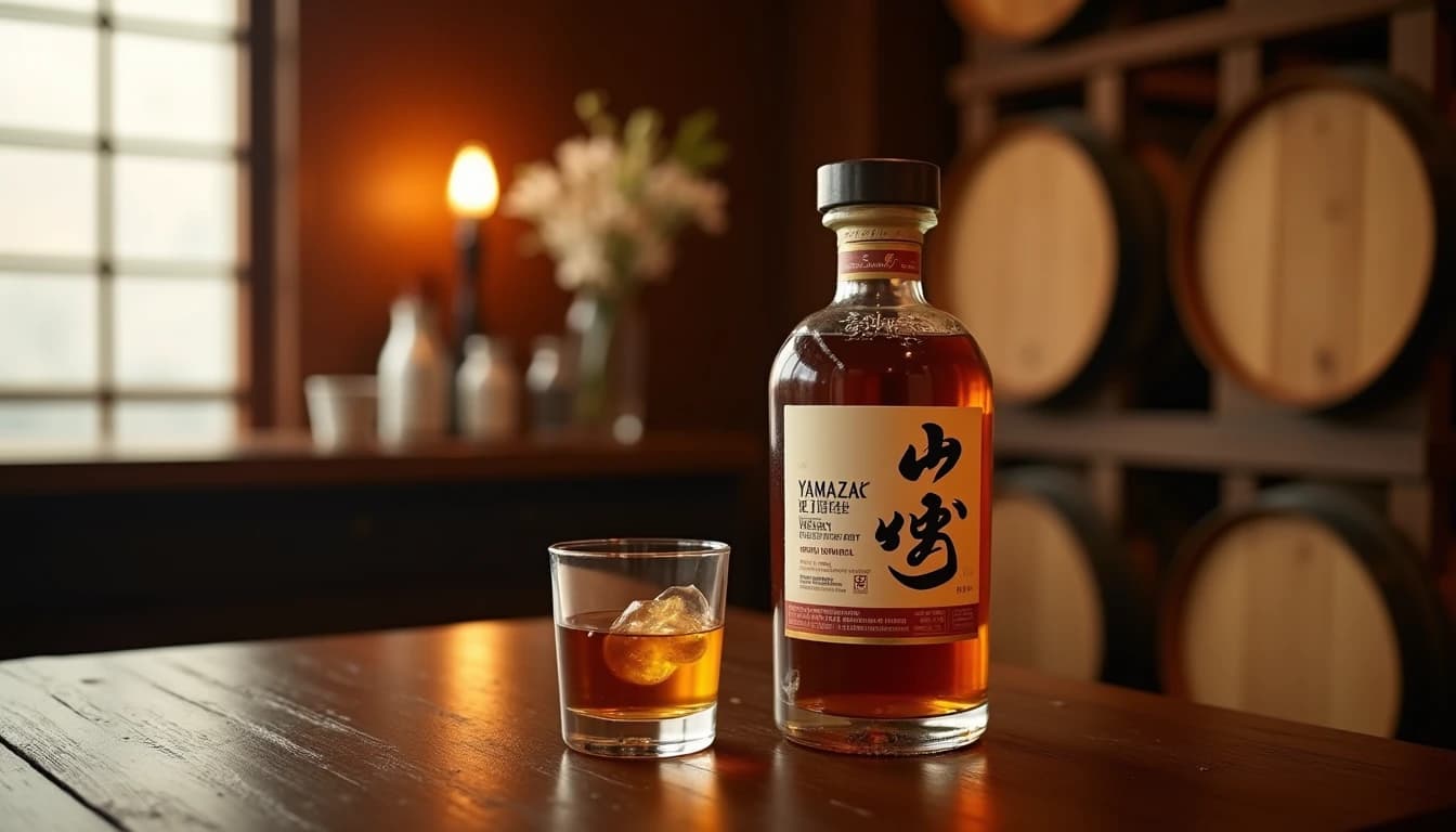 Editorial hero shot of a Yamazaki 12 Year whisky bottle placed on a dark cedar wood surface, soft warm natural light entering from a shoji screen window on the left, amber liquid glow through the glass, polished wooden bar counter, blurred background of Japanese cedar barrels stacked in a distillery warehouse, photographic style of Whisky Magazine, 35mm look, shallow depth of field, no candles, no flowers, editorial product photography, Whisky Magazine and Cigar Aficionado style, professional, hyperrealistic, warm amber lighting from window or bar lamp, polished wood and brass, shallow depth of field, 50mm lens look. Avoid: candles, lit candle, flowers, vases, Christmas decorations, neon, futuristic, jewelry, hanging bulbs, digital screens, motion blur, cartoon, illustration.