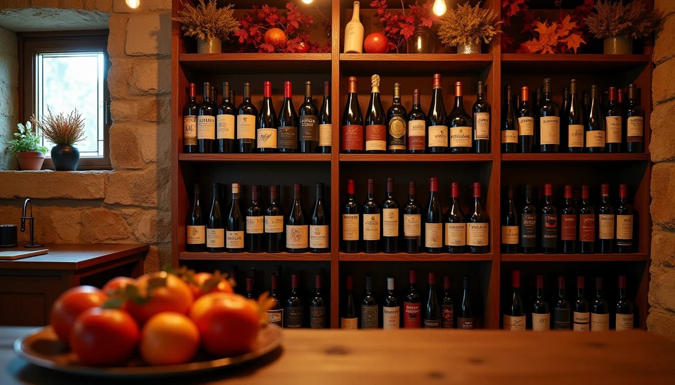 Editorial hero shot of a wooden wine rack filled with various bottles, red, white, and rosé labels visible, in a stone-walled cellar with warm amber light coming through a small window, seasonal fruits and autumn leaves on a rough oak table in the foreground, rich earth tones and deep burgundy palette, wide-angle lens feel, depth of field, Decanter magazine style, no candles, no flowers, no neon, editorial product photography, Whisky Magazine and Cigar Aficionado style, professional, hyperrealistic, warm amber lighting from window or bar lamp, polished wood and brass, shallow depth of field, 50mm lens look. Avoid: candles, lit candle, flowers, vases, Christmas decorations, neon, futuristic, jewelry, hanging bulbs, digital screens, motion blur, cartoon, illustration.