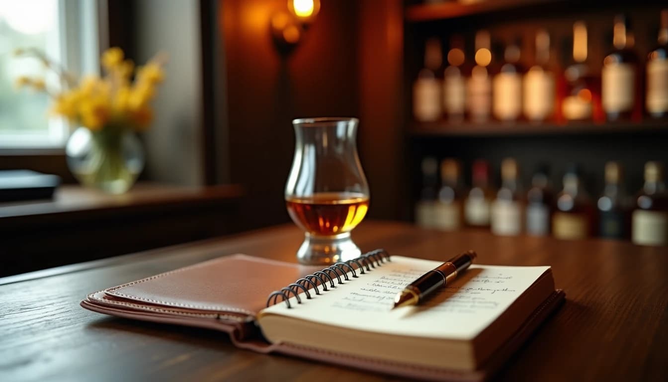 Editorial product shot of a Glencairn whisky glass filled with amber single malt, placed on a dark walnut table beside an open leather-bound tasting notebook with handwritten notes and a fountain pen, warm directional light from left window, shallow depth of field, soft bokeh of blurred whisky bottles on shelf in background, Whisky Magazine style, 50mm lens impression, rich amber and brown color palette, no candles, no flowers, editorial product photography, Whisky Magazine and Cigar Aficionado style, professional, hyperrealistic, warm amber lighting from window or bar lamp, polished wood and brass, shallow depth of field, 50mm lens look. Avoid: candles, lit candle, flowers, vases, Christmas decorations, neon, futuristic, jewelry, hanging bulbs, digital screens, motion blur, cartoon, illustration.