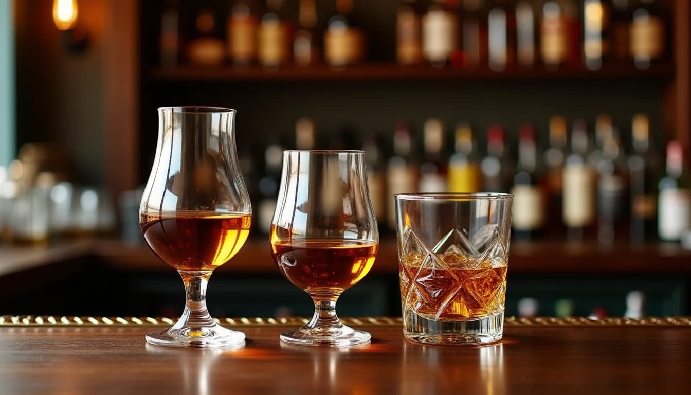Editorial hero shot of three whisky glasses side by side on a dark walnut bar counter: Glencairn, copita, and tumbler, each filled with different levels of amber whisky, soft warm window light from the left casting gentle shadows, shallow depth of field emphasizing glass shapes, brass bar rail visible in background, blurred whisky bottles on shelves, photographic style of Whisky Magazine, 35mm wide lens look, no candles, no flowers, editorial product photography, Whisky Magazine and Cigar Aficionado style, professional, hyperrealistic, warm amber lighting from window or bar lamp, polished wood and brass, shallow depth of field, 50mm lens look. Avoid: candles, lit candle, flowers, vases, Christmas decorations, neon, futuristic, jewelry, hanging bulbs, digital screens, motion blur, cartoon, illustration.