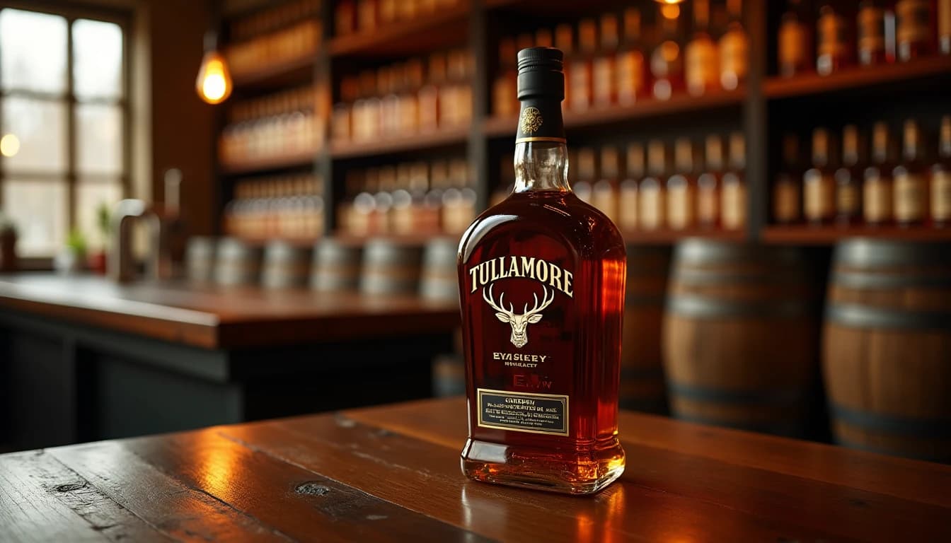 Editorial hero shot of a Tullamore D.E.W. whiskey bottle standing upright on a dark aged oak bar counter, warm amber liquid visible through glass, soft natural window light from the left casting gentle shadows, blurred whiskey barrels and distillery shelving in background, rich copper and mahogany color palette, photographic style of Whisky Magazine, 35mm lens impression, shallow depth of field, no candles, no flowers, no neon, editorial product photography, Whisky Magazine and Cigar Aficionado style, professional, hyperrealistic, warm amber lighting from window or bar lamp, polished wood and brass, shallow depth of field, 50mm lens look. Avoid: candles, lit candle, flowers, vases, Christmas decorations, neon, futuristic, jewelry, hanging bulbs, digital screens, motion blur, cartoon, illustration.