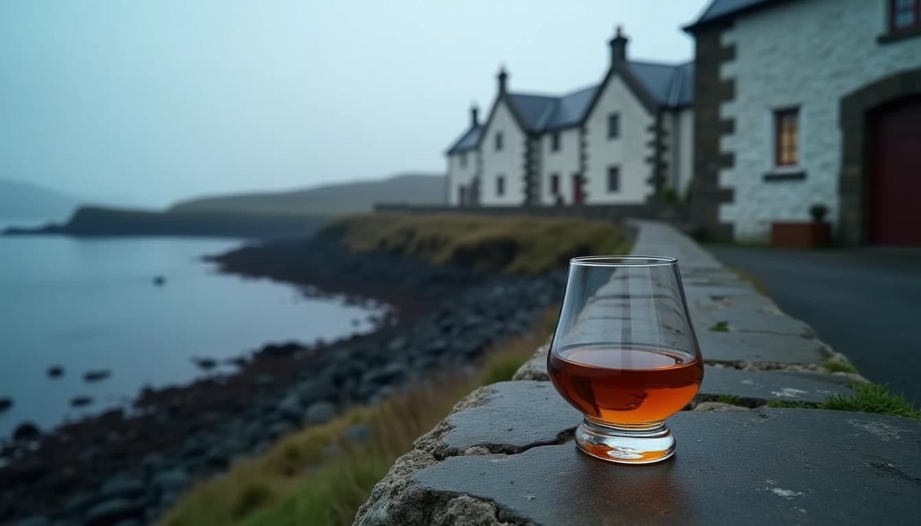 Editorial hero shot of a rugged Scottish island distillery coastline at dawn, stone warehouse building with weathered white walls visible, Islay peaty shoreline in foreground with dark wet rocks, a Glencairn glass of amber whisky placed on the stone wall in sharp focus, soft overcast northern light, grey-blue sky, distant sea mist, no candles, no flowers, wide angle lens impression, cinematic color grade with cool tones and warm amber glass highlight, Whisky Magazine editorial style, photorealistic, editorial product photography, Whisky Magazine and Cigar Aficionado style, professional, hyperrealistic, warm amber lighting from window or bar lamp, polished wood and brass, shallow depth of field, 50mm lens look. Avoid: candles, lit candle, flowers, vases, Christmas decorations, neon, futuristic, jewelry, hanging bulbs, digital screens, motion blur, cartoon, illustration.
