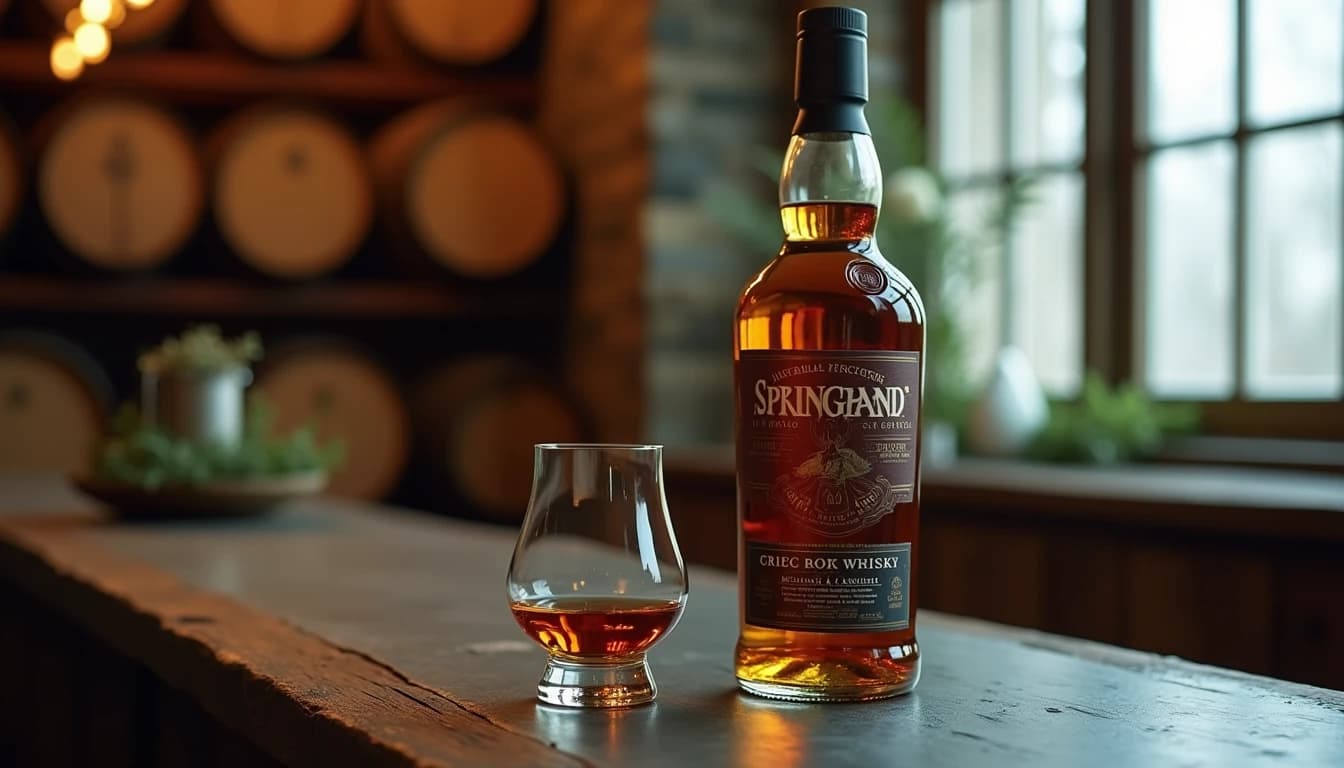 Editorial hero shot of a Springbank 10 Year Old whisky bottle standing upright on a weathered dark slate surface, a half-filled Glencairn glass beside it with amber liquid, soft natural side light from a frosted window, muted coastal color palette of grey-green and warm amber, background showing blurred oak barrels stacked in a stone warehouse, Whisky Magazine editorial style, 50mm lens impression, shallow depth of field, no candles, no flowers, editorial product photography, Whisky Magazine and Cigar Aficionado style, professional, hyperrealistic, warm amber lighting from window or bar lamp, polished wood and brass, shallow depth of field, 50mm lens look. Avoid: candles, lit candle, flowers, vases, Christmas decorations, neon, futuristic, jewelry, hanging bulbs, digital screens, motion blur, cartoon, illustration.