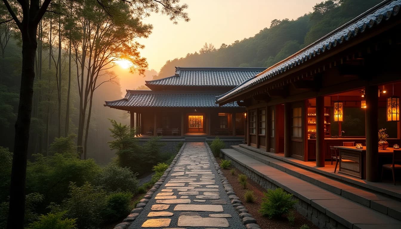 Editorial wide-angle photograph of Yamazaki Distillery exterior at dawn, traditional Japanese wooden architecture surrounded by dense bamboo and cedar forest, morning mist rising from the river valley below, warm amber sunrise light filtering through trees, stone pathway leading to the entrance, photographic style of Whisky Magazine, rich earth tones, no candles, no flowers, no neon, editorial product photography, Whisky Magazine and Cigar Aficionado style, professional, hyperrealistic, warm amber lighting from window or bar lamp, polished wood and brass, shallow depth of field, 50mm lens look. Avoid: candles, lit candle, flowers, vases, Christmas decorations, neon, futuristic, jewelry, hanging bulbs, digital screens, motion blur, cartoon, illustration.