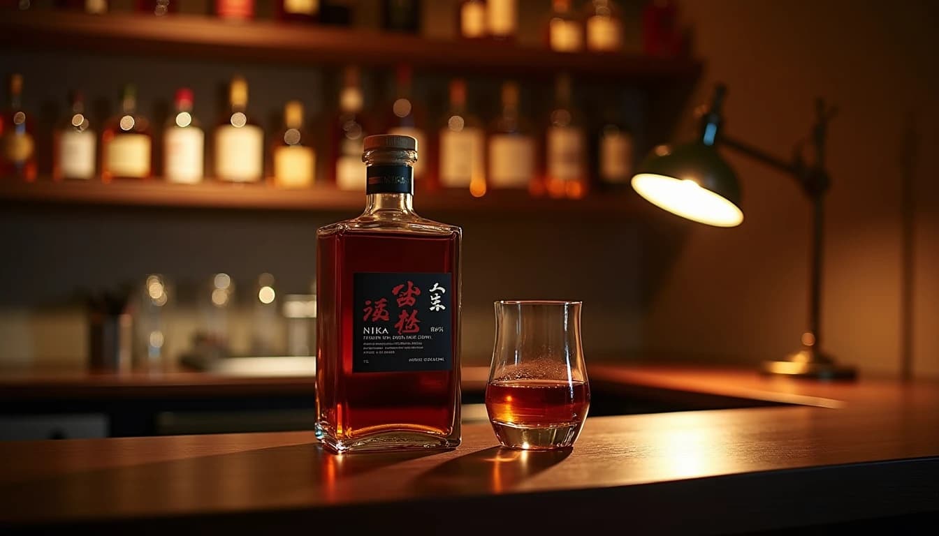 Editorial product photography of a Nikka From The Barrel whisky bottle, square, compact, dark label with red accents, standing on a dark walnut bar counter, a copper-tinted Glencairn glass filled halfway beside it, warm amber backlight from a low bar lamp on the right, soft bokeh of blurred bottles on shelves behind, polished wood surface with faint grain texture, rich earthy tones, 50mm lens look, shallow depth of field, Whisky Magazine editorial style, no candles, no flowers, editorial product photography, Whisky Magazine and Cigar Aficionado style, professional, hyperrealistic, warm amber lighting from window or bar lamp, polished wood and brass, shallow depth of field, 50mm lens look. Avoid: candles, lit candle, flowers, vases, Christmas decorations, neon, futuristic, jewelry, hanging bulbs, digital screens, motion blur, cartoon, illustration.