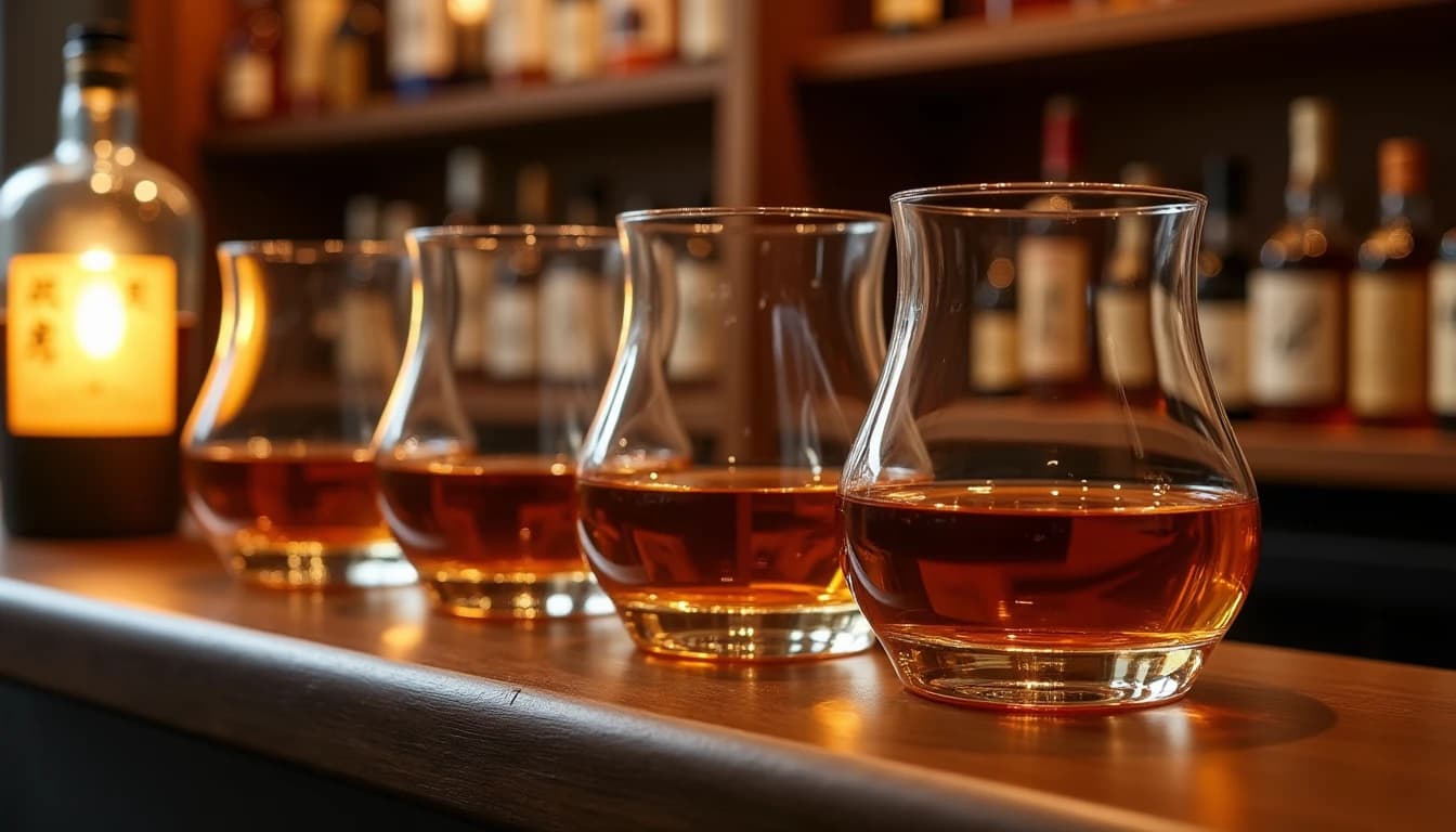 Editorial hero shot of three different Japanese whisky glasses lined up on a dark walnut bar counter, each glass holding a different amber shade from pale gold to deep copper, soft warm side light from a bar lamp behind, blurred whisky bottles on wooden shelves in background, one bottle label partially visible showing Japanese characters, Whisky Magazine style, 35mm look, shallow depth of field, no candles, no flowers, no neon, editorial product photography, Whisky Magazine and Cigar Aficionado style, professional, hyperrealistic, warm amber lighting from window or bar lamp, polished wood and brass, shallow depth of field, 50mm lens look. Avoid: candles, lit candle, flowers, vases, Christmas decorations, neon, futuristic, jewelry, hanging bulbs, digital screens, motion blur, cartoon, illustration.