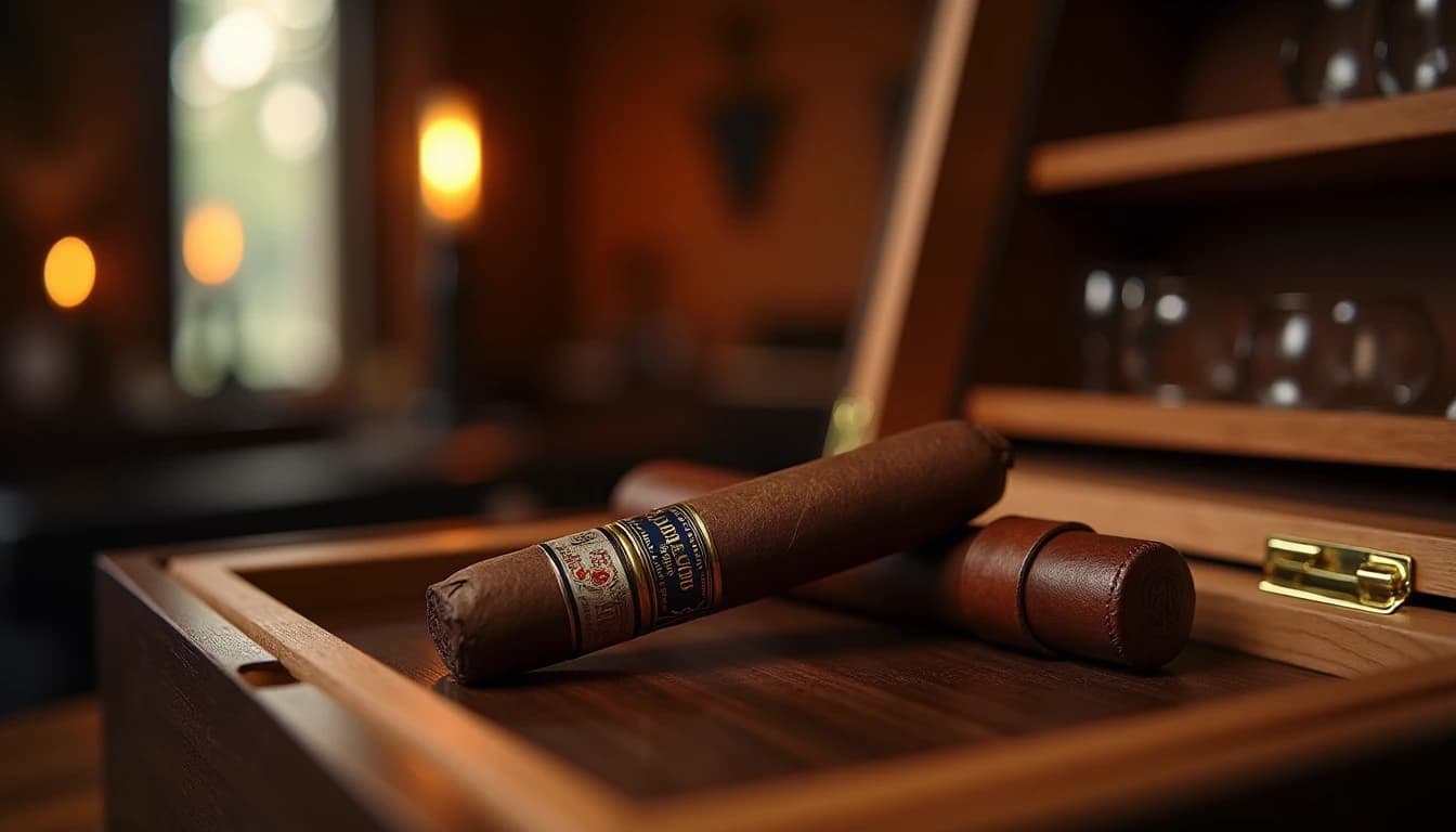 Editorial hero shot of a Padron 1964 Anniversary Maduro cigar lying on a dark walnut humidor surface, rich oily dark brown wrapper visible in detail, leather cigar case open beside it, warm amber side lighting from a low window, deep shadow background with blurred cedar shelves, photographic style of Cigar Aficionado magazine, 50mm lens impression, shallow depth of field, color palette of espresso and tobacco brown, no candles, no flowers, editorial product photography, Whisky Magazine and Cigar Aficionado style, professional, hyperrealistic, warm amber lighting from window or bar lamp, polished wood and brass, shallow depth of field, 50mm lens look. Avoid: candles, lit candle, flowers, vases, Christmas decorations, neon, futuristic, jewelry, hanging bulbs, digital screens, motion blur, cartoon, illustration.