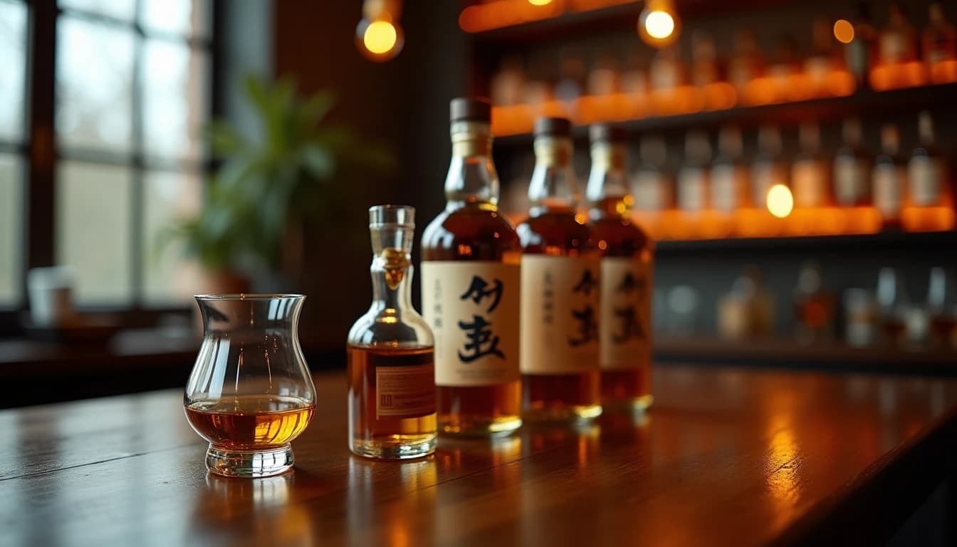 Editorial hero shot of a dark wooden Japanese whisky tasting table with three distinct bottles including one labeled single malt, one blended, one NAS, warm amber low-key lighting from a side window, a polished Glencairn glass half-filled in the foreground reflecting gold liquid, muted earth tones and deep walnut surfaces, blurred Japanese distillery shelves in background, Whisky Magazine style, 35mm wide lens impression, no candles, no flowers, no neon, editorial product photography, Whisky Magazine and Cigar Aficionado style, professional, hyperrealistic, warm amber lighting from window or bar lamp, polished wood and brass, shallow depth of field, 50mm lens look. Avoid: candles, lit candle, flowers, vases, Christmas decorations, neon, futuristic, jewelry, hanging bulbs, digital screens, motion blur, cartoon, illustration.