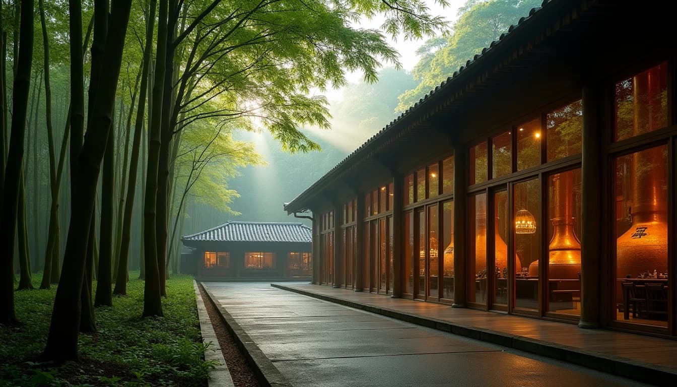 Editorial wide-angle photograph of Yamazaki Distillery exterior surrounded by dense bamboo forest and mist, traditional Japanese wooden architecture with copper pot stills visible through large windows, soft diffused morning light filtering through trees, green and amber color palette, Whisky Magazine style, photojournalistic composition, no candles, no flowers, no neon, editorial product photography, Whisky Magazine and Cigar Aficionado style, professional, hyperrealistic, warm amber lighting from window or bar lamp, polished wood and brass, shallow depth of field, 50mm lens look. Avoid: candles, lit candle, flowers, vases, Christmas decorations, neon, futuristic, jewelry, hanging bulbs, digital screens, motion blur, cartoon, illustration.