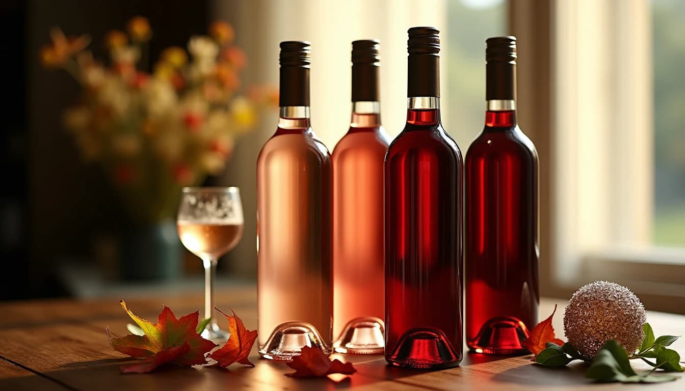 Editorial hero shot of four wine bottles arranged on a dark oak table representing four seasons, spring wildflowers in soft background blur, summer light through a linen curtain, autumn leaves scattered near base, frost-effect winter glass nearby, warm amber window light from the right, bottles include a pale rosé, a white, a light red, and a deep Amarone-style red, photographic style of Decanter Magazine, wide angle 35mm look, low-key natural lighting, rich color palette, no candles, no neon, no flowers in vase, editorial product photography, Whisky Magazine and Cigar Aficionado style, professional, hyperrealistic, warm amber lighting from window or bar lamp, polished wood and brass, shallow depth of field, 50mm lens look. Avoid: candles, lit candle, flowers, vases, Christmas decorations, neon, futuristic, jewelry, hanging bulbs, digital screens, motion blur, cartoon, illustration.