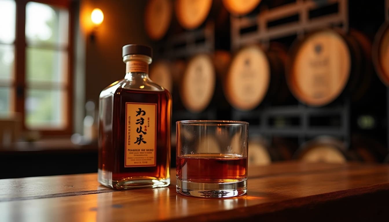 Editorial hero shot of a Nikka From The Barrel whisky bottle, the distinctive rectangular compact bottle on a dark polished walnut bar surface, a copper-tinted Glencairn glass beside it half-filled with deep amber whisky, soft warm light coming from a window to the left casting long shadows, blurred whisky barrels stacked in background, photographic style of Whisky Magazine, medium shot, shallow depth of field, rich amber and dark wood color palette, no candles, no flowers, no neon, editorial product photography, Whisky Magazine and Cigar Aficionado style, professional, hyperrealistic, warm amber lighting from window or bar lamp, polished wood and brass, shallow depth of field, 50mm lens look. Avoid: candles, lit candle, flowers, vases, Christmas decorations, neon, futuristic, jewelry, hanging bulbs, digital screens, motion blur, cartoon, illustration.
