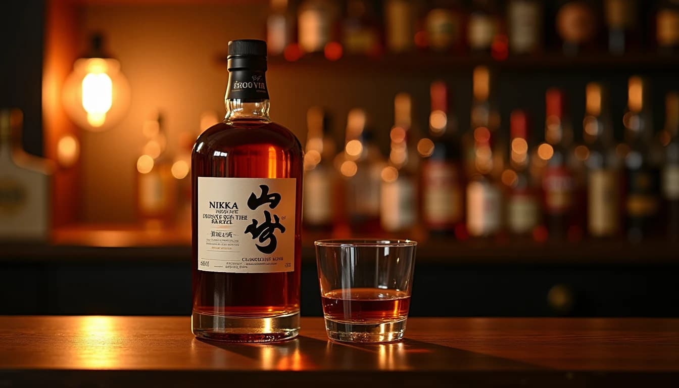 Editorial hero shot of a Nikka From the Barrel 500ml bottle standing upright on a dark-stained oak bar surface, warm amber back-lighting from a low bar lamp casting long shadows, a half-filled Glencairn glass with deep copper liquid beside it, blurred rows of whisky bottles in the background, color palette of deep brown and burnished gold, photographic style of Whisky Magazine, 35mm lens feel, shallow depth of field, no candles, no flowers, editorial product photography, Whisky Magazine and Cigar Aficionado style, professional, hyperrealistic, warm amber lighting from window or bar lamp, polished wood and brass, shallow depth of field, 50mm lens look. Avoid: candles, lit candle, flowers, vases, Christmas decorations, neon, futuristic, jewelry, hanging bulbs, digital screens, motion blur, cartoon, illustration.