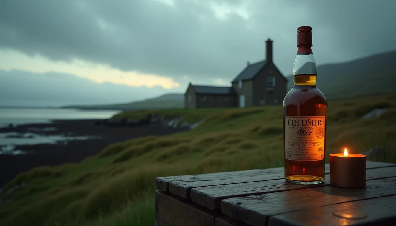 Editorial wide shot of Islay coastline at dawn, dramatic overcast Scottish sky, weathered stone distillery building visible in the mid-distance with a small copper chimney, peat-dark soil in the foreground, muted green and slate grey color palette, soft diffused morning light, no people, cinematic landscape photography in the style of Whisky Magazine, 35mm lens feel, deep focus, no candles, no flowers, editorial product photography, Whisky Magazine and Cigar Aficionado style, professional, hyperrealistic, warm amber lighting from window or bar lamp, polished wood and brass, shallow depth of field, 50mm lens look. Avoid: candles, lit candle, flowers, vases, Christmas decorations, neon, futuristic, jewelry, hanging bulbs, digital screens, motion blur, cartoon, illustration.